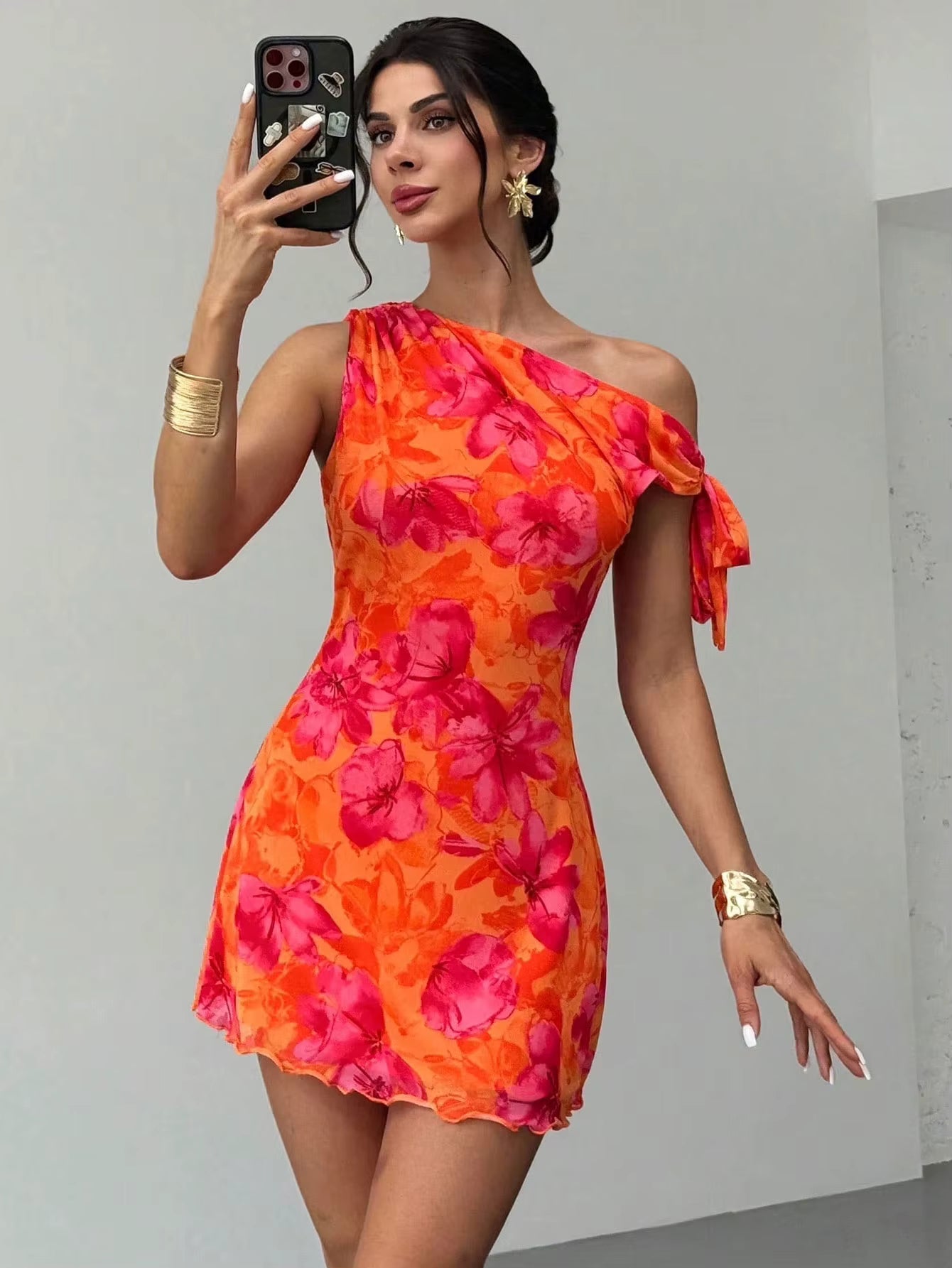 Oranje Bloemen Minijurk met Één Schouder